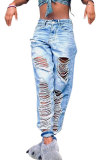 Light Blue Denim Button Fly Mid Patchwork Solid Hole washing Old Loose Pants Bottoms