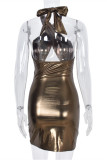 Gold Sexy Solid Hollowed Out Backless Sleeveless Dress