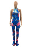 Blue Fashion Sexy Butterfly Print Backless Half A Turtleneck Jumpsuits