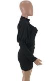 Black adult Casual Fashion lantern sleeve Long Sleeves Mandarin Collar Asymmetrical Mini Solid P