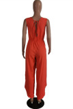 Red Fashion Casual Solid Backless V Neck Regular Jumpsuits