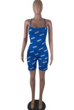 Blue Sexy Print letter Backless bandage Chemical fiber blend Sleeveless Wrapped Rompers