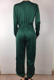 Green street Solid Patchwork Polyester Long Sleeve V Neck Jumpsuits