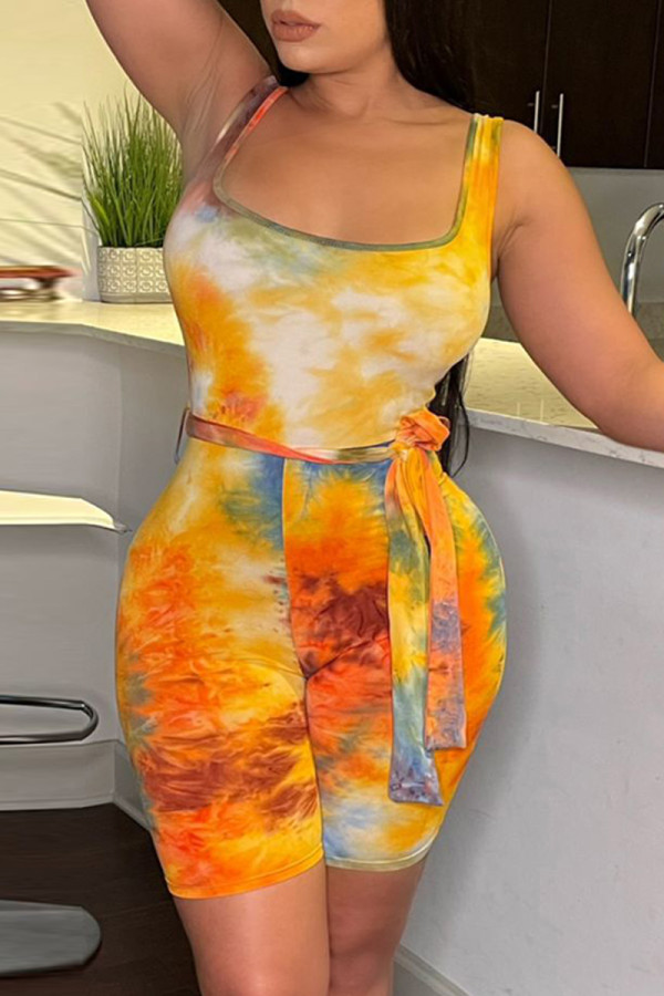 Orange Fashion Sexy Print Tie-dye Square Collar Regular Romper