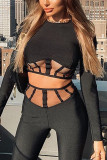 Black Fashion Sexy Patchwork Solid See-through O Neck Long Sleeve Two Pieces