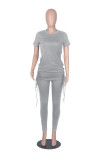 Blue Fashion Casual Solid Basic O Neck Short Sleeve Two Pieces