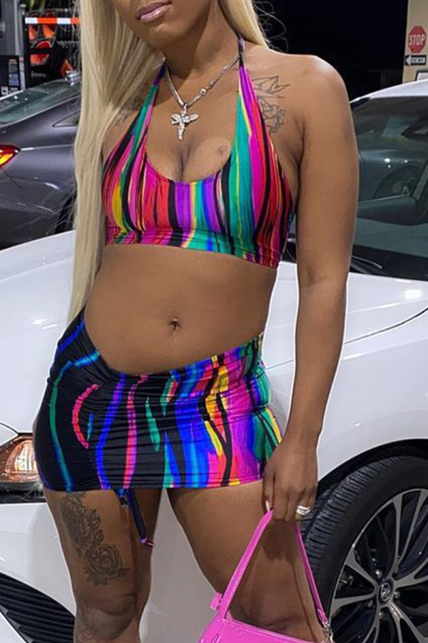 Colour Sexy Print Patchwork Halter Sleeveless Two Pieces