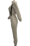 Khaki Casual Solid zipper Long Sleeve Turndown Collar Jumpsuits