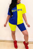blue and yellow Polyester Fashion Sexy adult Ma'am Letter Patchwork Print Two Piece Suits pencil Short Sleeve Two Pieces