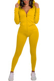 Yellow Fashion Sexy Adult Solid Pocket Hooded Collar Skinny Jumpsuits