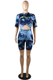 Black Casual Patchwork Tie-dye O Neck Half Sleeve Two Pieces