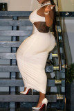 White Sexy Solid Hollowed Out Backless O Neck Sleeveless Dress