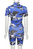 Blue Sportswear Print Camouflage Print O Neck Regular Jumpsuits