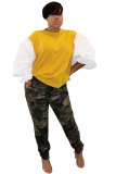 Yellow O Neck Patchwork Polyester Patchwork Long Sleeve Sweats & Hoodies