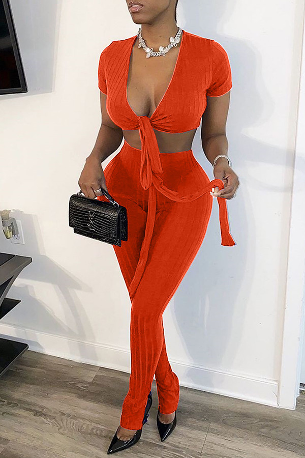 Red Sexy Fashion adult Solid Two Piece Suits Patchwork Split pencil Short Sleeve