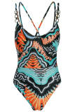 Yellow Sexy Print Patchwork Chains Swimwears Two Pieces