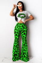 Green Polyester Fashion Casual adult Leopard Lips Print Print Loose Short Sleeve
