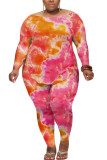 rose red Polyester Fashion Casual adult Ma'am O Neck Tie Dye Two Piece Suits Stitching Plus Size