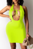 Blue Fashion Sexy Solid Hollowed Out Strap Design U Neck Vest Dress