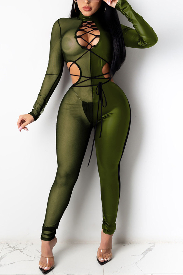 Army Green Sexy Solid Without Belt O Neck Regular Jumpsuits