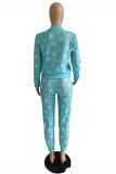 Light Blue Fashion Casual Print Basic O Neck Long Sleeve Two Pieces