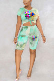 Green Fashion adult England Patchwork Print Tie Dye Two Piece Suits Lips Print pencil Short Sleeve Two Pieces
