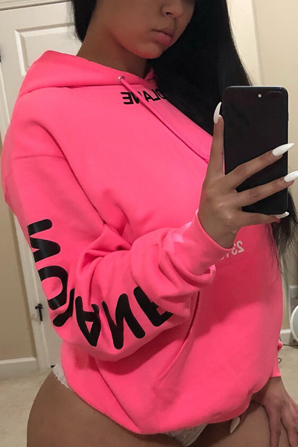 Pink Sweet Print Letter Hooded Collar Tops