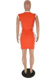 Orange Polyester Sexy Tank Sleeveless O neck Step Skirt skirt Solid Club Dresses