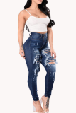Blue Casual Patchwork Ripped Mid Waist Skinny Denim