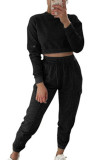 Black Fashion Casual Adult Solid Split Joint O Neck Long Sleeve Regular Sleeve Short Two Pieces