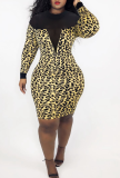 Leopard Print Sexy Print See-through Half A Turtleneck Pencil Skirt Dresses
