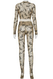 Brown Casual Print See-through O Neck Long Sleeve Two Pieces