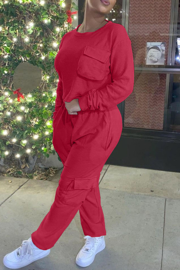 Wine Red Casual Solid O Neck Long Sleeve Two Pieces