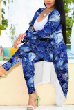 Blue Fashion Sexy Adult Polyester Print Split Joint Conventional Collar Long Sleeve Regular Sleeve Long Two Pieces