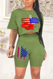 Army Green Sexy Print Patchwork O Neck Short Sleeve Two Pieces
