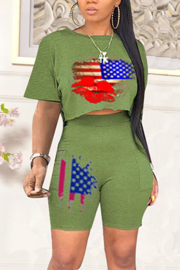 Army Green Sexy Print Patchwork O Neck Short Sleeve Two Pieces