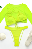 Fluorescent Yellow Sexy Solid Mesh Swimwears