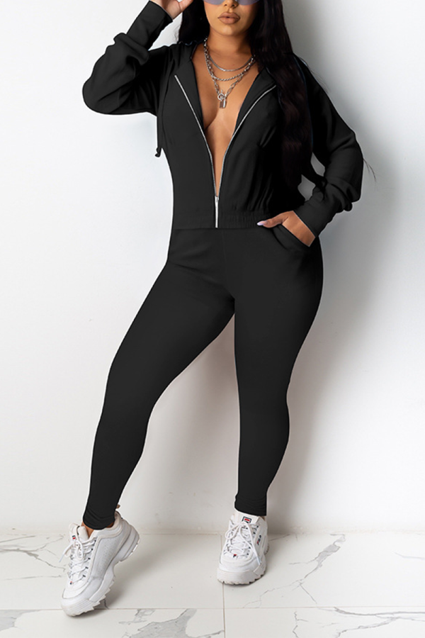 Black Casual Solid Patchwork Hooded Collar Long Sleeve Two Pieces