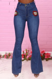 Deep Blue Fashion Casual Lips Printed Basic High Waist Boot Cut Jeans
