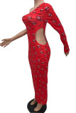 Red Fashion Sexy Lips Printed Hollowed Out Oblique Collar Long Sleeve Dresses