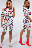 White knit Fashion Sexy adult Ma'am Patchwork Print Two Piece Suits Straight Short Sleeve Two Pieces