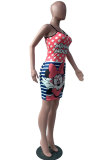 Pink Polyester Fashion Sexy adult Red Pink Spaghetti Strap Sleeveless O neck Step Skirt Mini Print Patchwork Animal Dresses