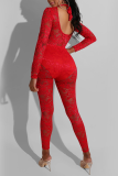 Red Sexy Solid Mesh O Neck Skinny Jumpsuits