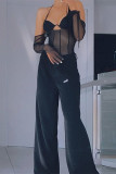Black Fashion Sexy Patchwork Solid See-through Backless Halter Tops