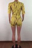 Yellow Polyester Fashion Casual adult Ma'am Print Two Piece Suits pencil Short Sleeve Two Pieces