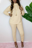 Beige Fashion Casual Adult Solid Patchwork O Neck Long Sleeve Regular Sleeve Regular Two Pieces