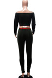Black Work Daily Polyester Solid Split Joint Bateau Neck Long Sleeve Regular Sleeve Short Two Pieces