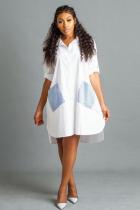 White Polyester Lightly cooked Fashion adult Cap Sleeve Long Sleeves Notched Asymmetrical Knee-Length Prin