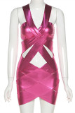 Rose Red Sexy Solid Hollowed Out Patchwork Backless V Neck Pencil Dresses