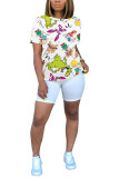Yellow White Blue Orange Yellow colour Polyester O Neck Short Sleeve Patchwork Print Character Tops